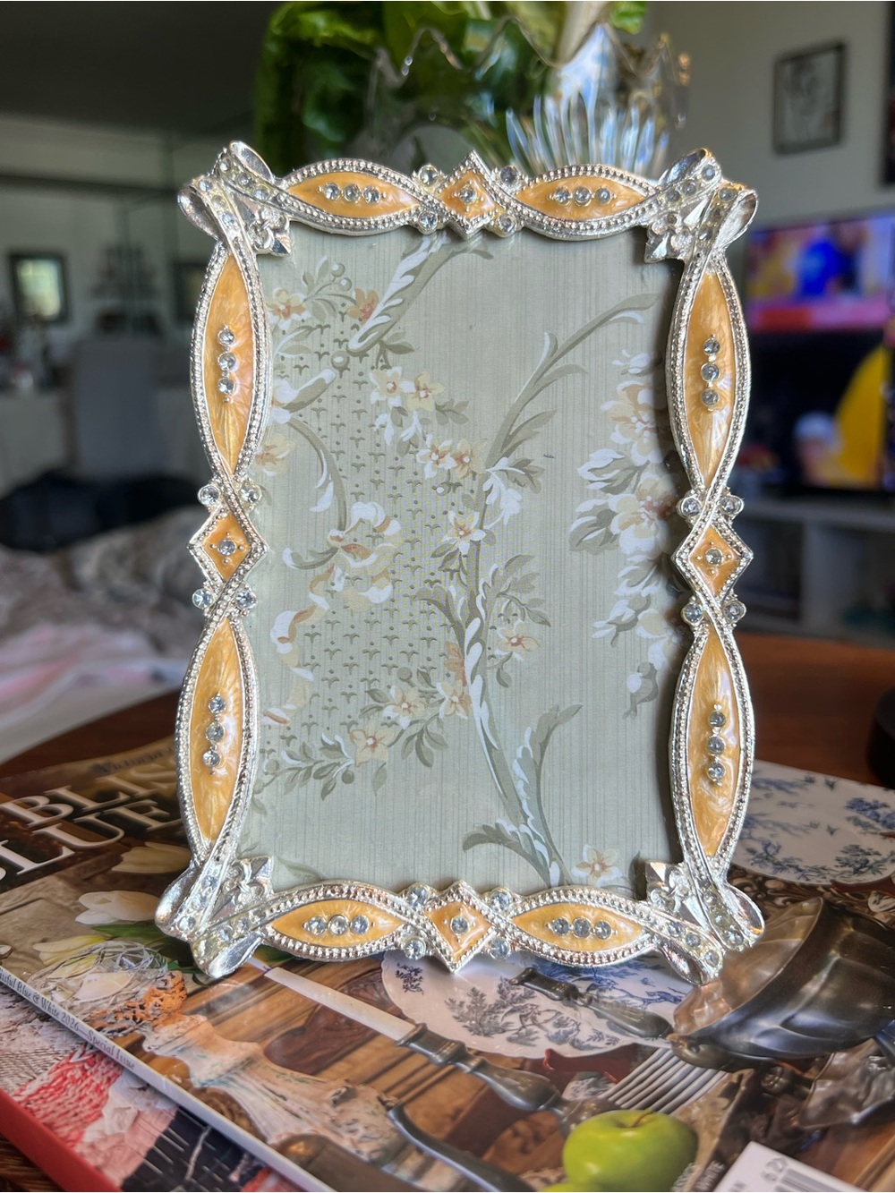 Vintage Bijou 4x6 Picture Frame Rhinestone Enamel Silver Tone Art Nouveau Style